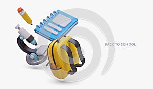 Back to school. Yellow realistic backpack, microscope, notebook, pencil