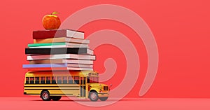 Back to school. Yellow school bus with books isolated onred