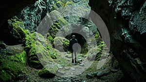 With back turned to us a figure stands at the entrance of a dark mysterious cave. The mosscovered rocks and eerie photo