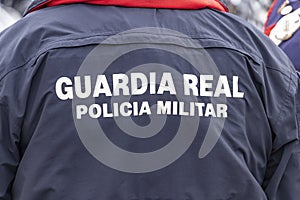 Back of the uniform of Royal Guard military police with the text photo