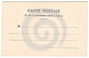 Back of an unused vintage postcard, France, circa 1910