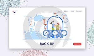 Back Up Landing Page Template. Business Characters Team Going To the Future Or Past In Time Machine Capsule Cockpit