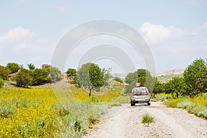 Back view 4WD vehicle drive on gravel road off-road in Vashlovani national park wilderness. Exploration tour remote outdoors in