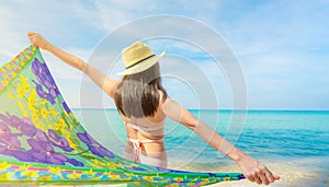 Back view of adult Asian woman wear pink bikini and straw hat relaxing and enjoying holiday at tropical paradise beach. Girl