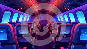 Back view of an airplane cabin with seats and screens. Dark economy class plane empty interior with chairs and folding