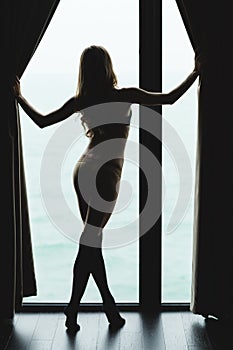 Back view of alluring attractive slim woman silhouette