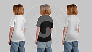 Back view apparel set, mockup of white, black, heather t-shirts for a girl with short hair, isolated on background