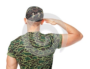 Back view of army soldier saluting