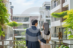 Back view of Asian family standing in front house, AI Generated