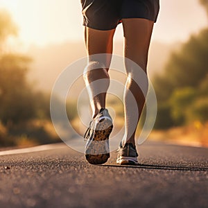 Back view of athlete runner feet running on the road, rainy season, By AI Generative