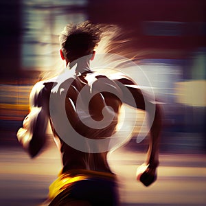 Back view of athletic runner with motion blur on a city street