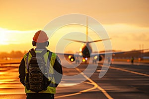 Back View Of An Aviation Marshaller Guiding A Plane To Land photo
