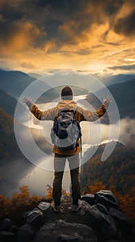 Back view, backpacker on rocky peak, arms raised, captivated by misty mountain scenery