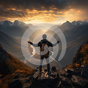 Back view, backpacker on rocky peak, arms raised, captivated by misty mountain scenery