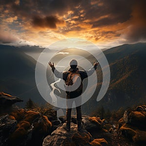 Back view, backpacker on rocky peak, arms raised, captivated by misty mountain scenery