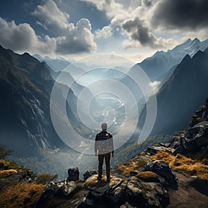 Back view, backpacker on rocky peak, arms raised, captivated by misty mountain scenery