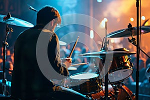 Back view of band drummer performing on stage. Silhouette of a man playing drums during live concert