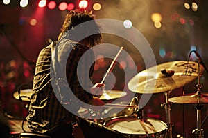 Back view of band drummer performing on stage. Silhouette of a man playing drums during live concert