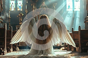 A back view of beautiful Angel with large white wings is on her knees in a church