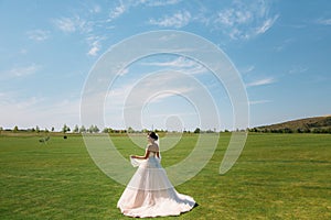 Back view, beautiful bride in luxury fashion white wedding dress with veil on the green golf club glade, wedding day