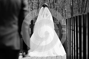 Back view of beautiful portrait wedding couple. Black and white photo