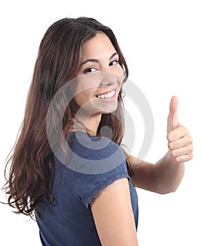 Back view of a beautiful teen with thumb up gesture