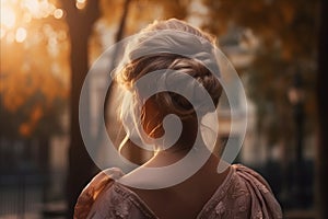 Back view of beautiful young woman with hair braided in pigtails and hairdo