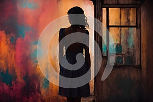 Back view of a beautiful young woman standing in front of an old door