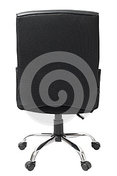 Back view of black leather office chair isolated on white