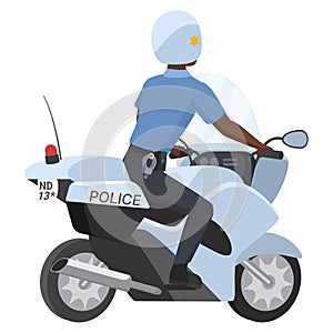 Back view of black policeman on motorbike