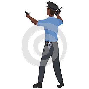 Back view of black policeman pointing with gun