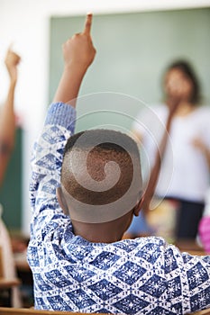 Back view of boy raising hand at an elementary school lesson