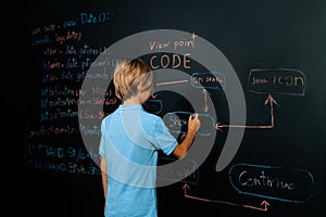 Back view of boy write code on blackboard while stand and thinking. Erudition.