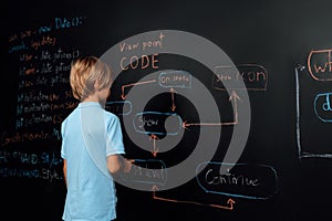 Back view of boy write code on blackboard while stand and thinking. Erudition.