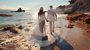 Back view of bride and groom on the seashore. Generative Ai