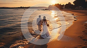 Back view of bride and groom on the seashore. Generative Ai