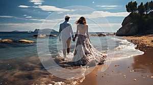 Back view of bride and groom on the seashore. Generative Ai
