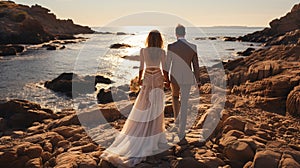 Back view of bride and groom on the seashore. Generative Ai