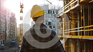 Back view of builder man looking at construction site