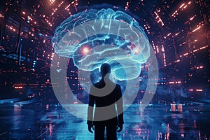 Back view of a business manager stands in the data center and looking at a holographic digital brain above his head that suggest