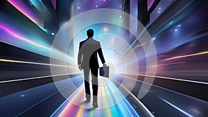 Back view of businessman with briefcase walking on abstract glowing city background