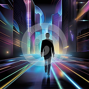 Back view of businessman with briefcase walking on abstract glowing city background