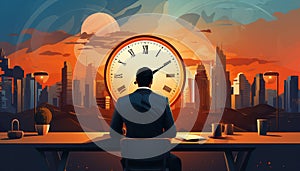 Back view businessman in front of large clock. Man working efficiently to finish in deadline. Concept productivity, fight against