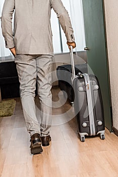 Back view of businessman in grey suit with travel bag coming