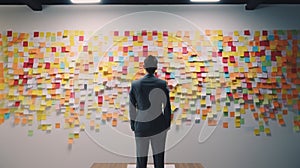 Back view of businessman inspecting wall-mounted, multicolored sticky notes