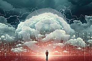 Back view of businessman looking at abstract cloud and cityscape on background, Datos en la nube y red.Concepto de ciencia y photo