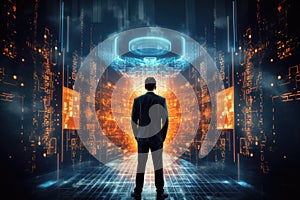 Back view of businessman looking at abstract digital background. Future and technology concept, A businessman standing in front of