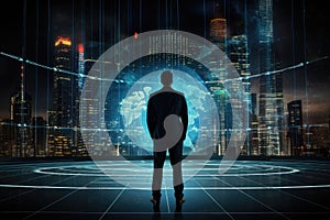 Back view of businessman looking at planet hologram against night cityscape, Businessman standing in front of a digital big screen