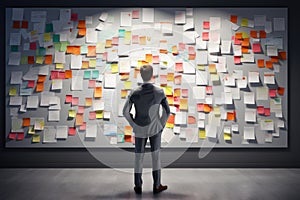 Back view of businessman looking at wall with many colorful post it notes, A businessman organizing his thoughts on a large