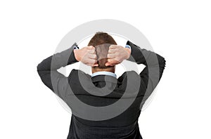 Back view businessman putting hands on the nape
